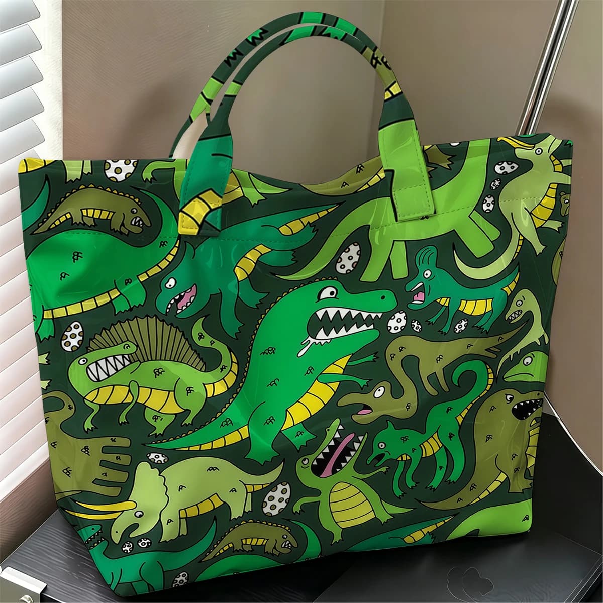 Dino Pattern Stylish Large Glossy PVC Tote Bag Washable Waterproof Durable Ideal for Travel Commute Cosmetics Books Handbags