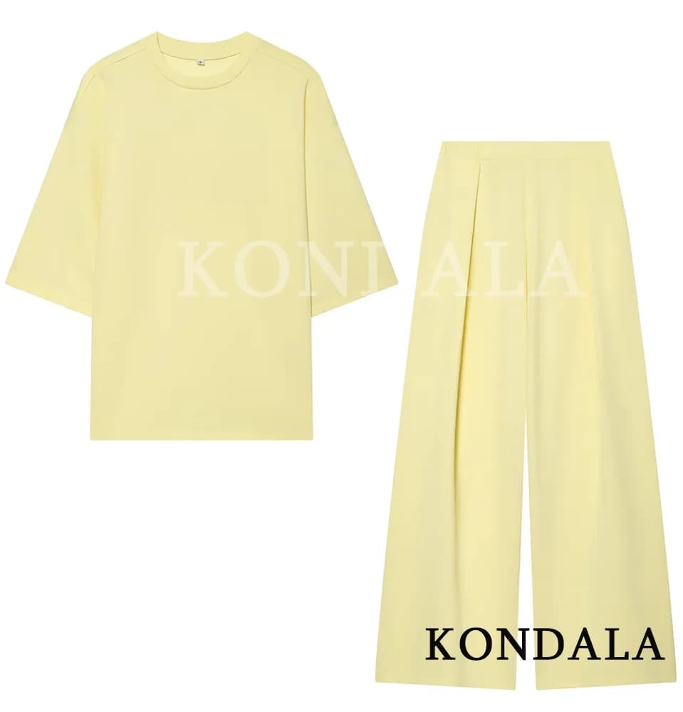 KONDALA Completo Casual da Donna Giallo: T-Shirt Girocollo e Pantaloni Lunghi Dritti Larghi - Nuova Moda Primavera Estate 2026 - Set da Spiaggia