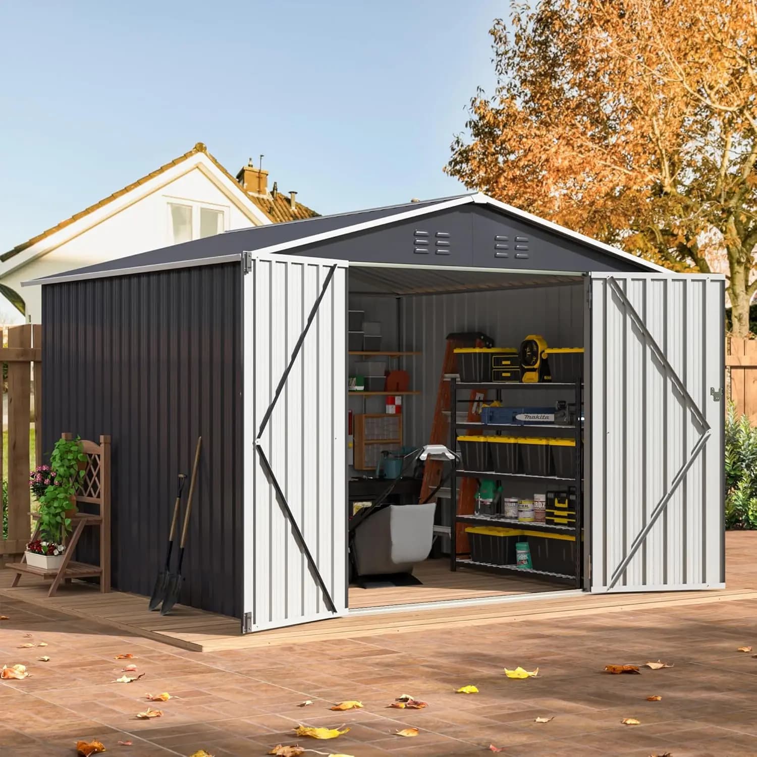 Casetta da Giardino 8x8 FT, Ripostiglio in Metallo per Attrezzi con Porte Chiudibili a Chiave e Struttura Rinforzata, Grande, Personalizzabile