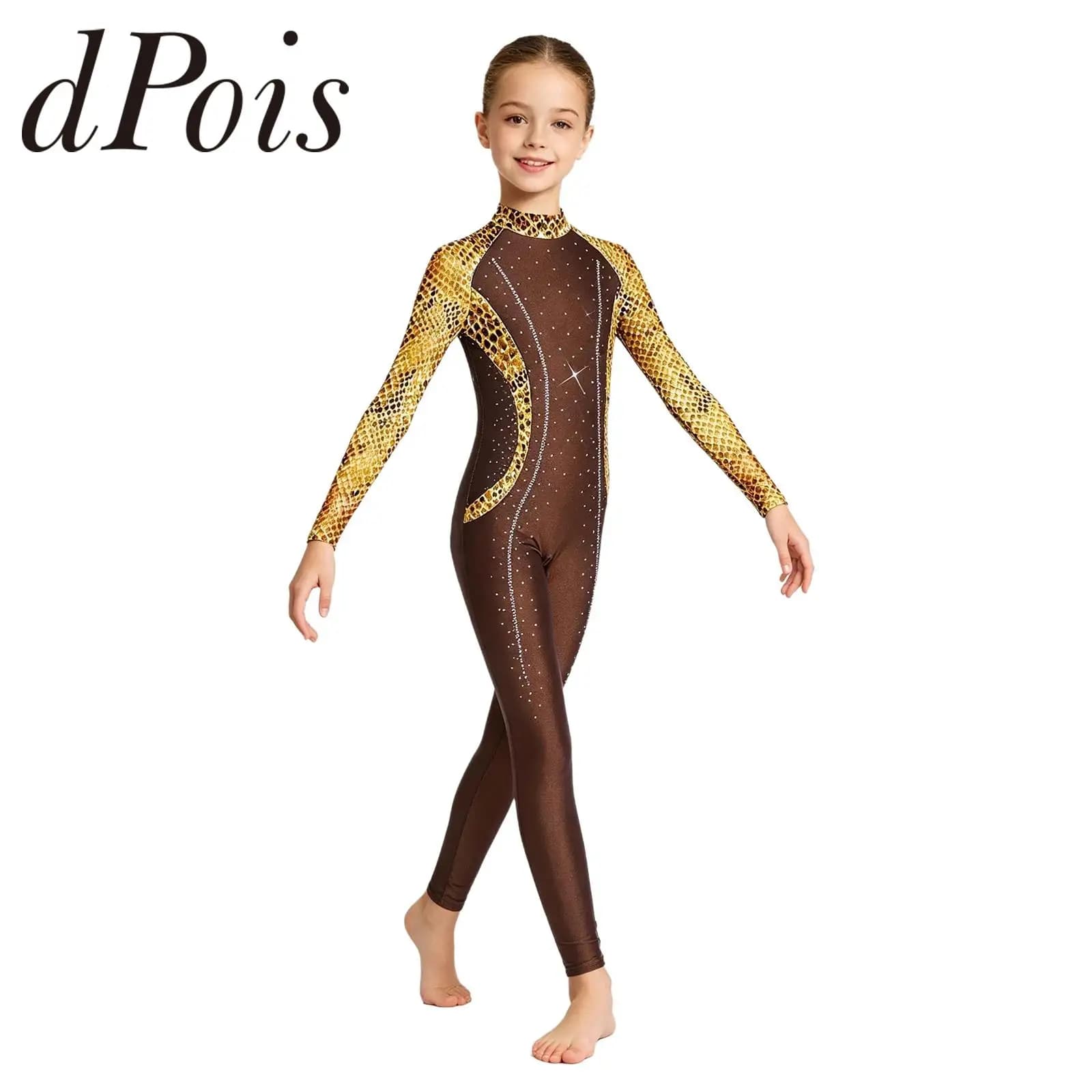 Kids Girls Swimwear Swimsuits Printed Dance Jumpsuit One-piece Suits Gymnastics Figure Skating Performance Long Sleeve Leotard