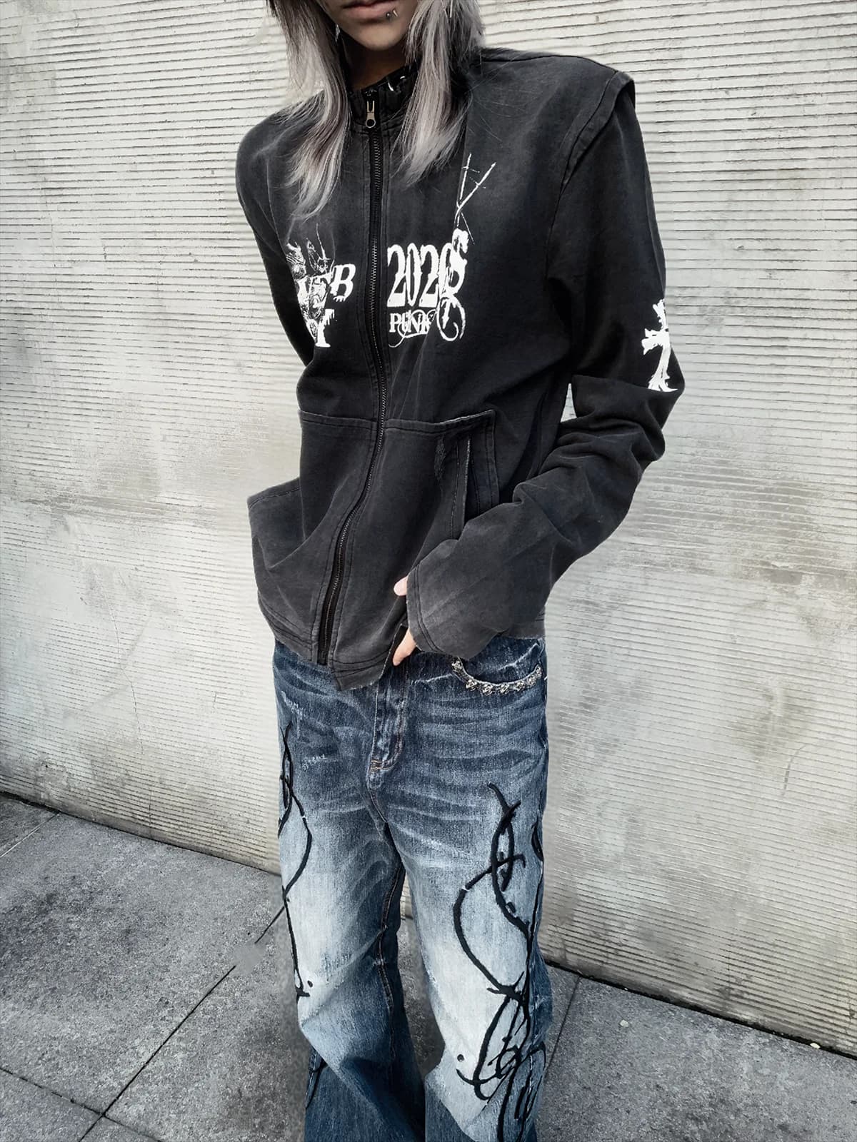Wet Body Original Gothic Subculture Embroidered Washed Jeans Visual Straight Leg Loose Long Pants Women High Waist Punk Style