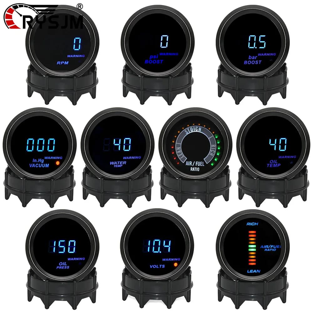 Manometro 52mm con LED Blu 12V per Auto: PSI, BAR, Pressione Turbo, Pressione Olio, Temperatura Olio, Temperatura Acqua, Voltmetro, Tachimetro RPM, Vuotometro