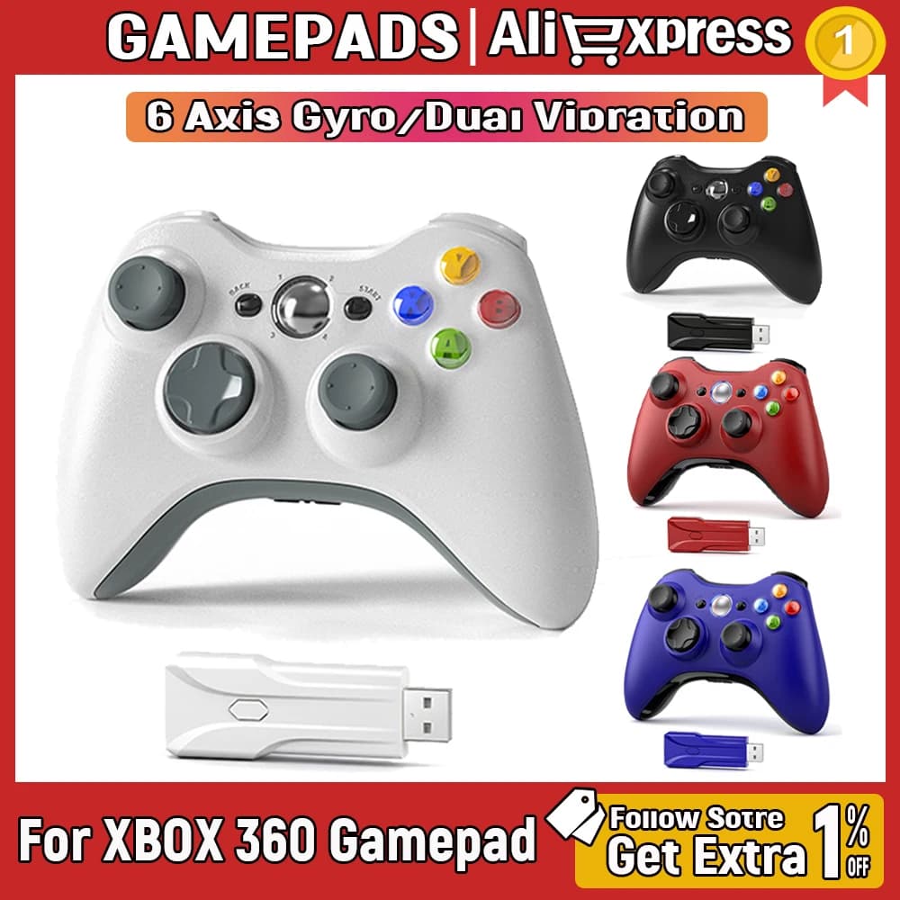 Joypad wireless per Xbox 360, controller di gioco con doppia vibrazione e funzione Turbo, compatibile con Xbox 360/360 Slim e PC Windows