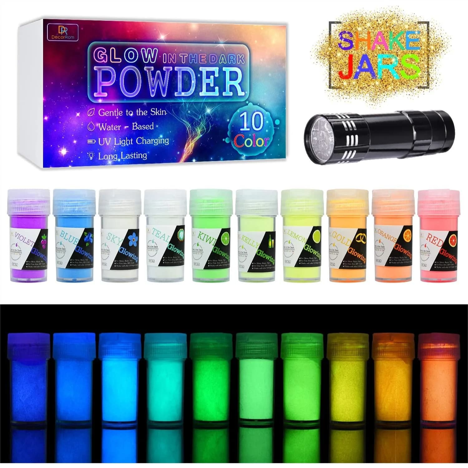 10 Color Glow In The Dark Pigment Powder With UV Lamp Epoxy Resin Luminous Powder For Slime Kit Skin Safe Long Lasting Self Glowing Dye For DIY Nail Art Acrylic Paint Fine Art 0.7oz Each Total 7oz