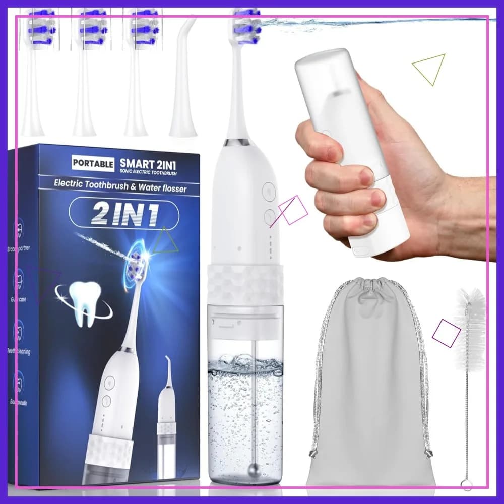Spazzolino e Idropulsore Elettrico 2-in-1, Batteria da 25 Giorni, Kit Portatile per la Pulizia dei Denti con Custodia da Viaggio, Bianco