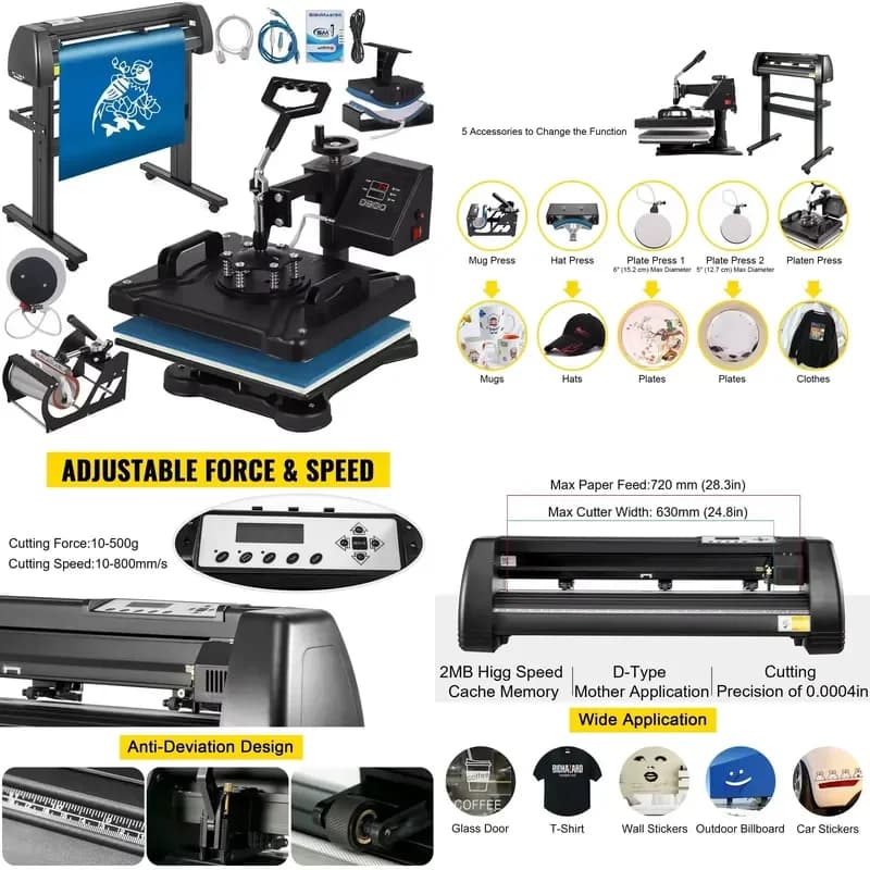 Comb 5 in 1 Heat Press Machine 12"x15" Vinyl Cutter Plotter 28" Desktop USB Port Advertisement Cutting Plotter with