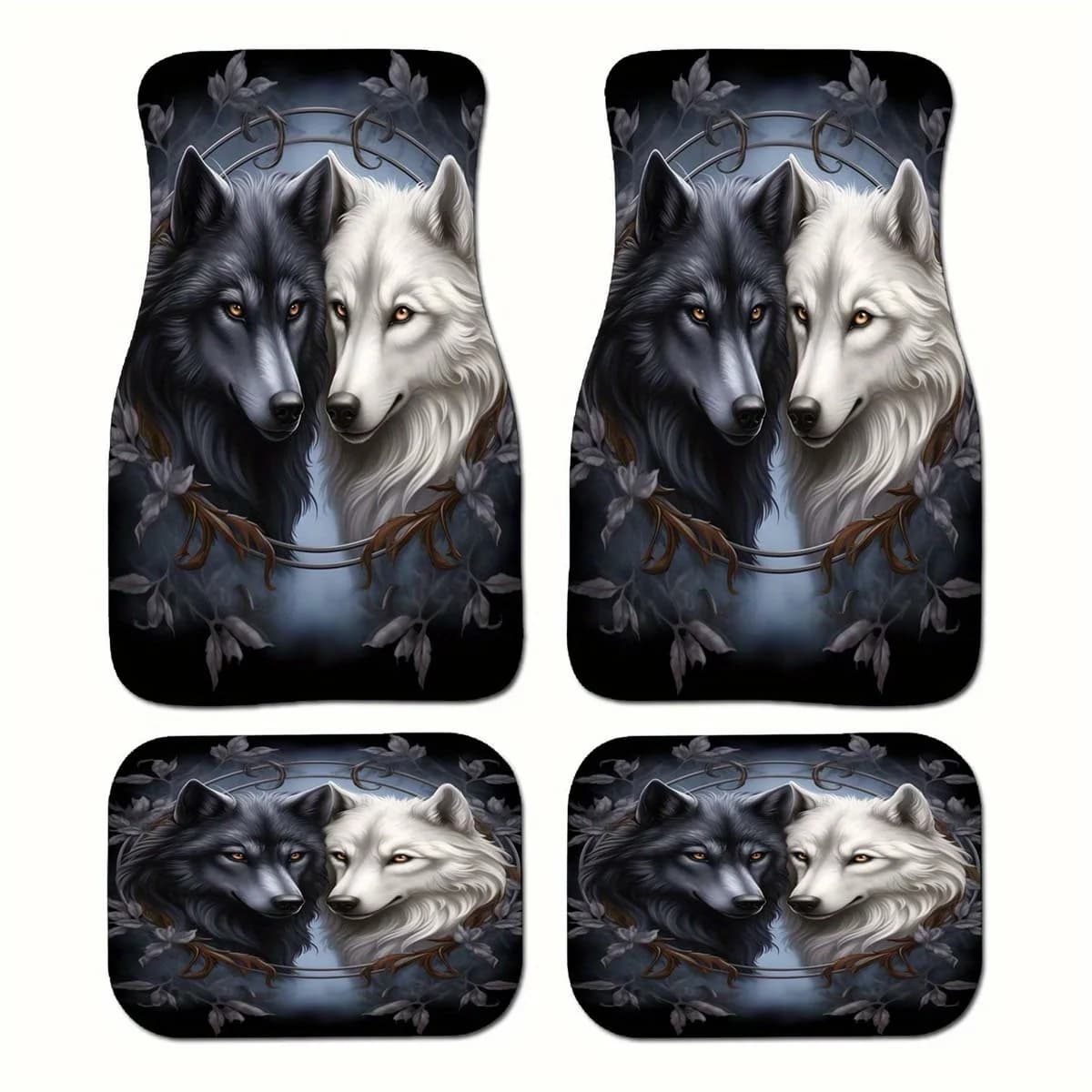 Set da 4 tappetini per auto Wolf Pack in bianco e nero - Velluto di cristallo per tutte le stagioni (anteriore/posteriore) per sedani, camion, SUV - Wolf Ho