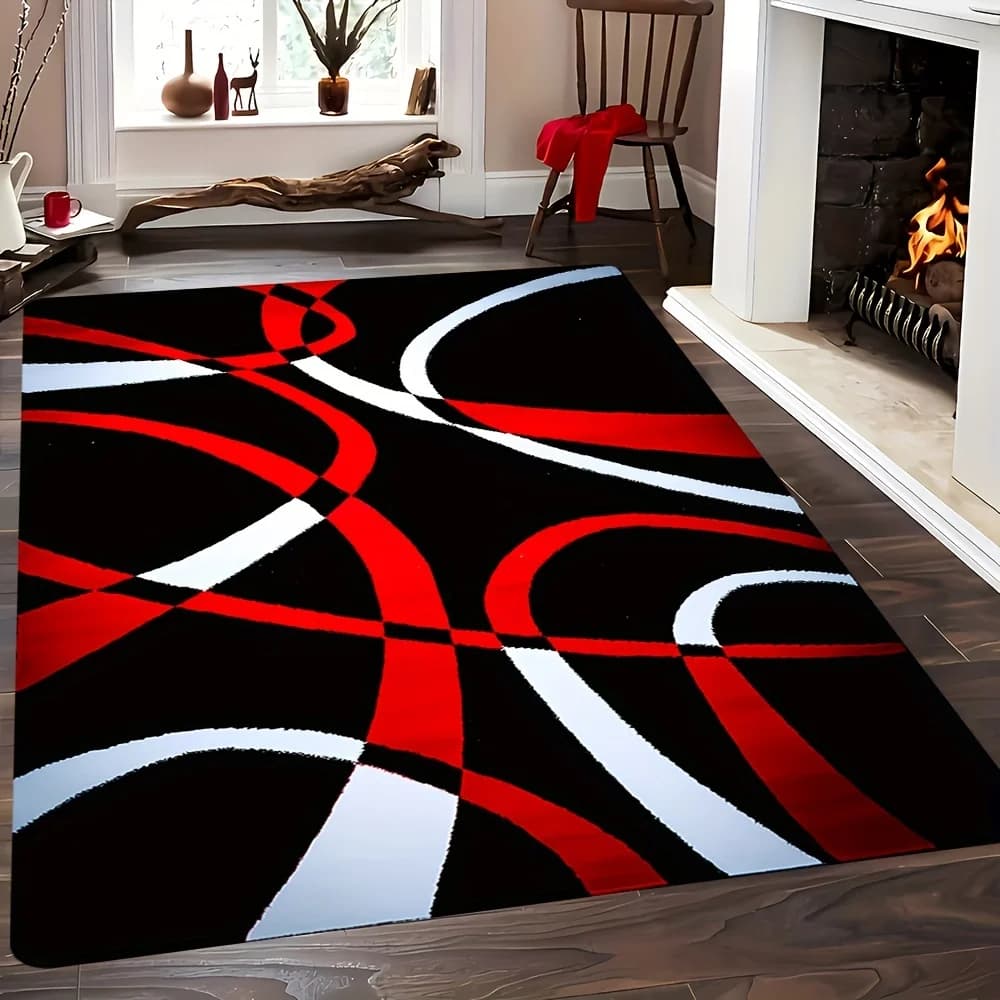 Modern Abstract Flannel Rug Red Black White Curved Line Area Carpet Soft Non-slip Floor Mat for Living Room Bedroom Home Decor