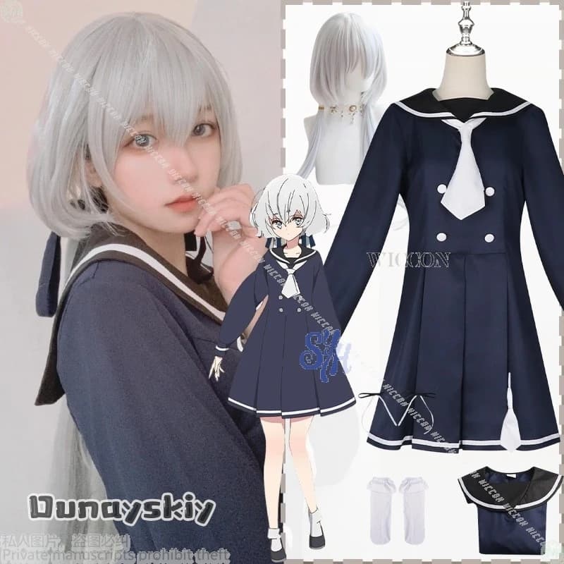 Anime ZOMBIE LAND SAGA Cosplay Konno Junko Kawaii Blu scuro Scuola giapponese JK Abito carino Lolita Parrucche lunghe Halloween {Yumekiri}
