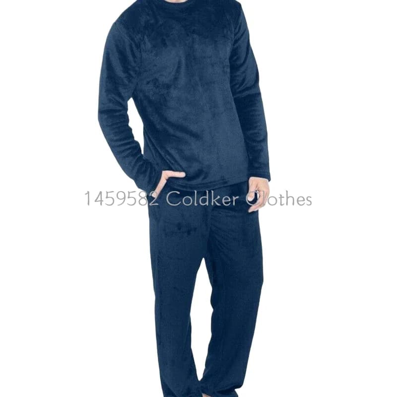Pigiama Invernale da Uomo in Pile Blu, Abbigliamento da Casa Autunno-Inverno, Maniche Lunghe, Pantaloni Imbottiti Caldi