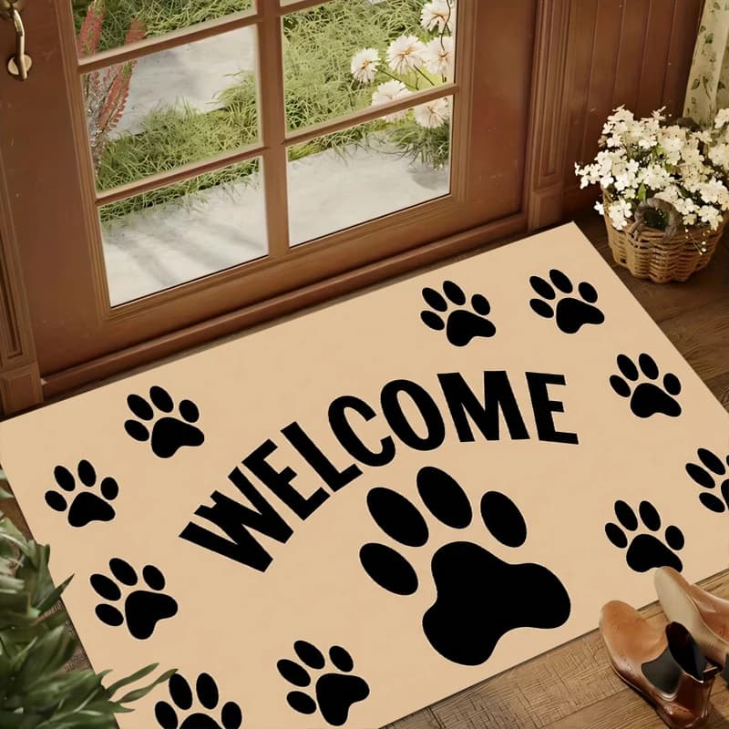 Cute Dog Paw Print Doormat Beige Welcome Floor Mat Puppy Pattern Living Room Entrance Welcome Decor Rug