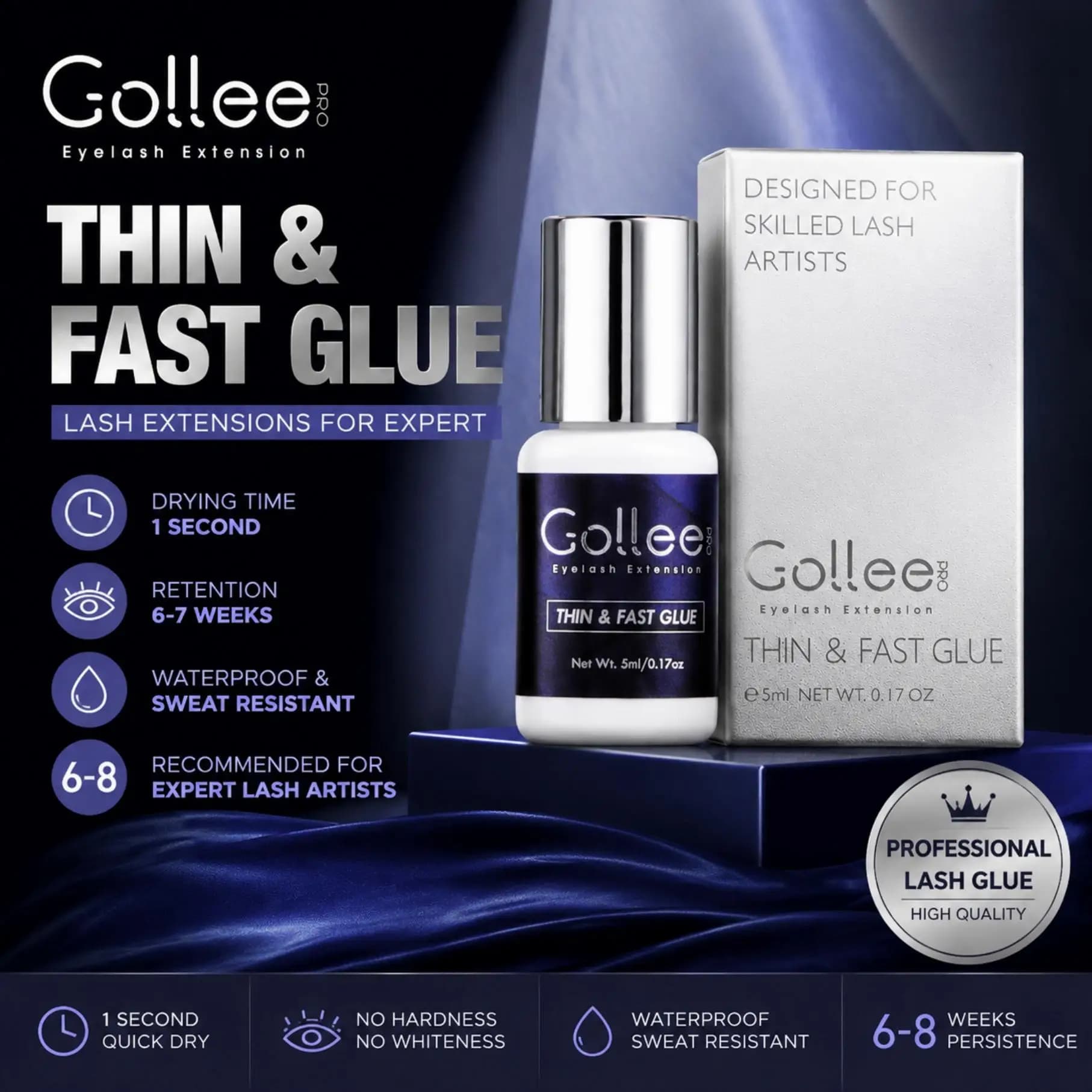 Gollee per Occhi Sensibili 5ml Colla per Extension Ciglia ad Asciugatura Rapida 1S, Adesivo per Ciglia Finte Durata 6-8 Settimane, SOLO per Uso Professionale