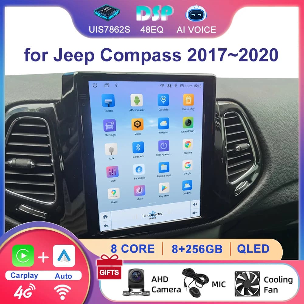 Autoradio Android 8 Core 4G LTE 9.7 Pollici con Carplay, Navigazione GPS, Radio Stereo e Schermo Touch per Jeep Compass 2017~2020