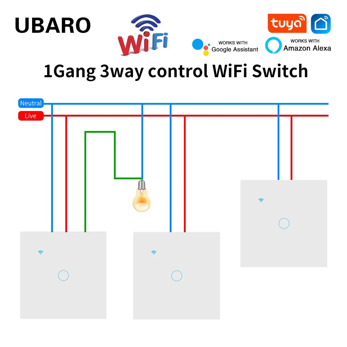UBARO Standard EU 2 Vie Wifi Smart Wall Switch Multi Control Voice timer sharing function Works with the Tuya Home Improvemet app