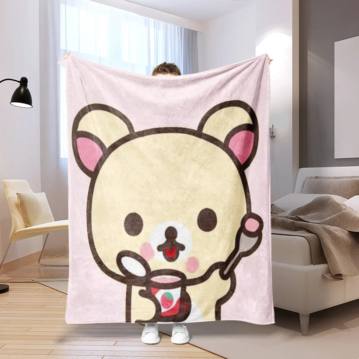 Coperta stampata in flanella con motivo a tema simpatico orso adatta a tutte le stagioni adatta per divano da ufficio e viaggi nel soggiorno