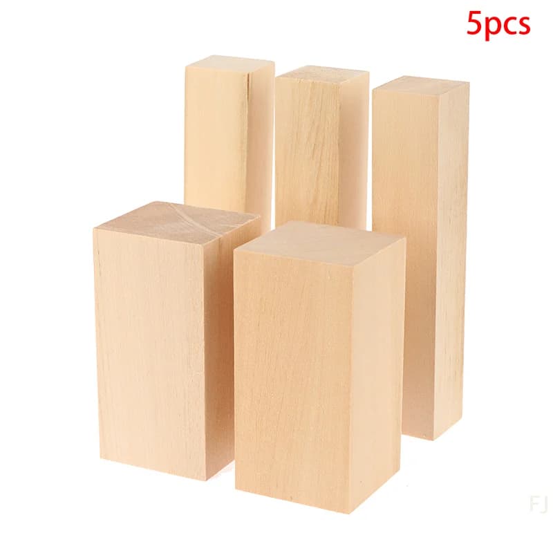 [YU]2Pcs 5*5*10cm + 3Pcs 3*3*15cm Basswood Carving Block Portable Unfinished Wood Block Carving Whittling Art Supplies