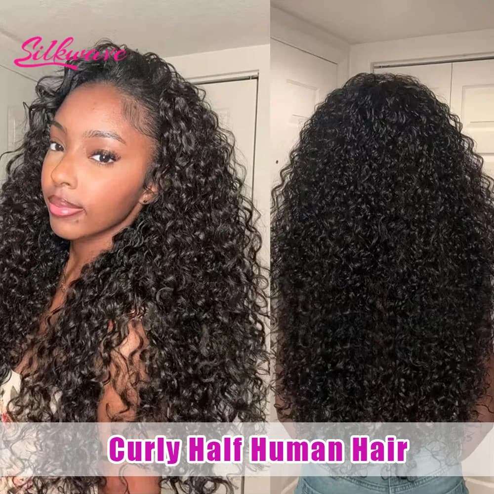 Curly Half Wig Human Hair Seamless Kinky Curly 3 In 1 Half Wig Glueless Heandband Clip In Natural Black Half Wig With Drawstring