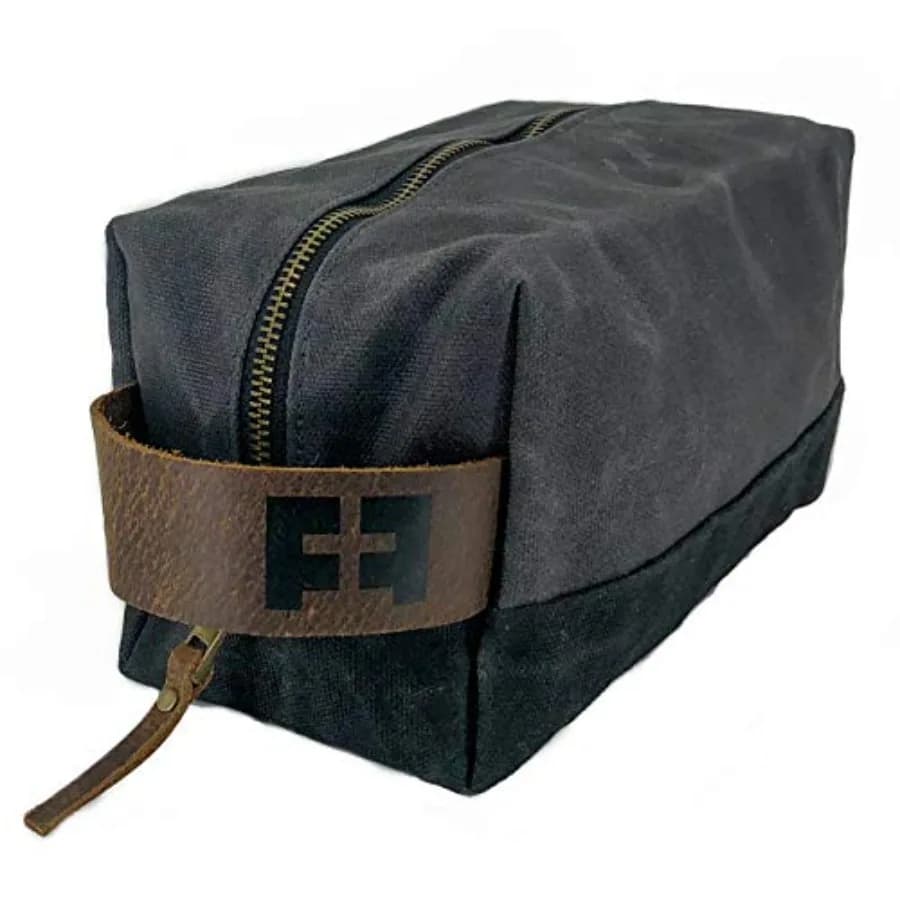 Borsa da viaggio per rasatura e articoli da toeletta in tela di cotone cerata DOPP KIT con manico in pelle