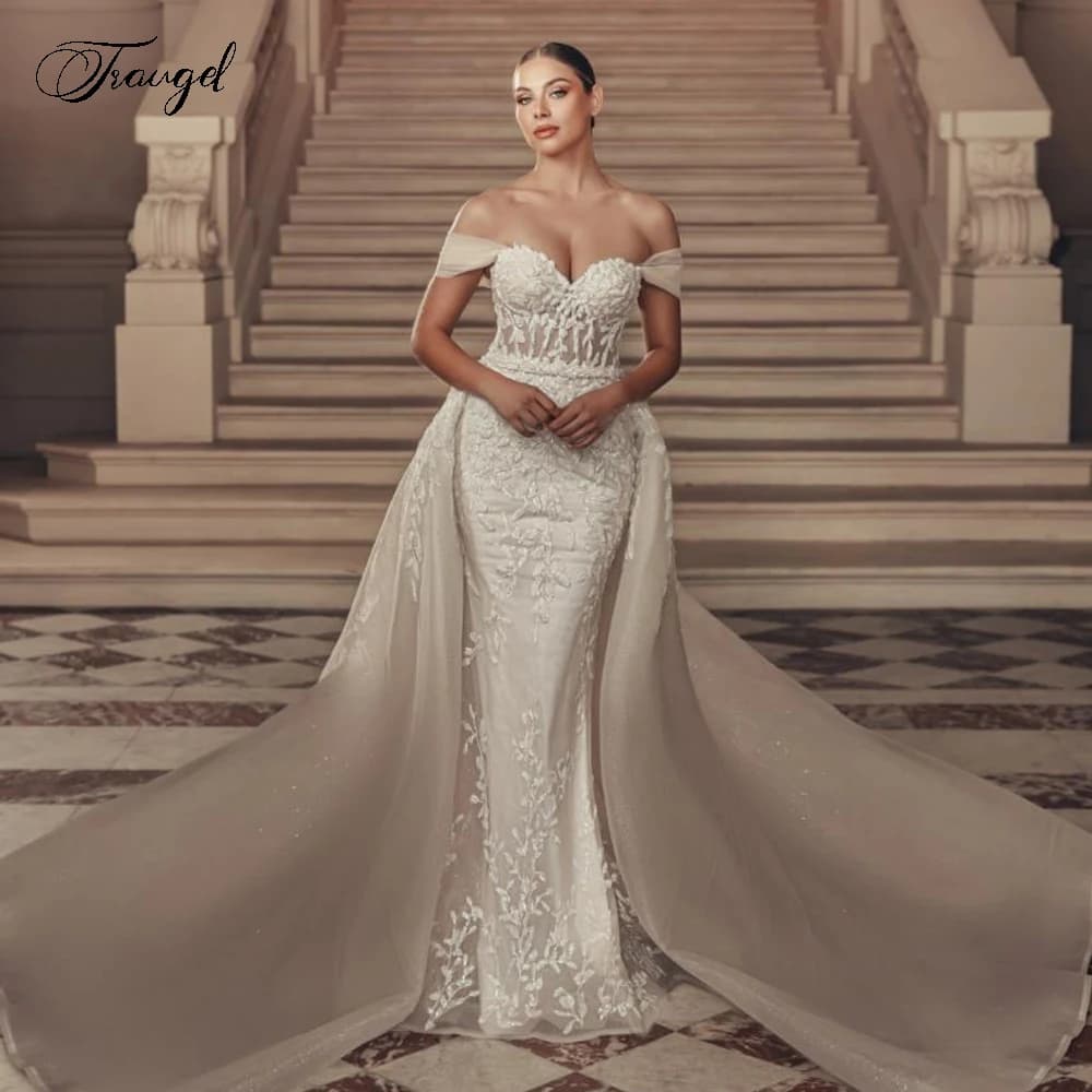 Abiti da sposa sexy a sirena personalizzati Sweetheart con spalle scoperte Vestido De Novia Treno staccabile in pizzo Robe De Mariee