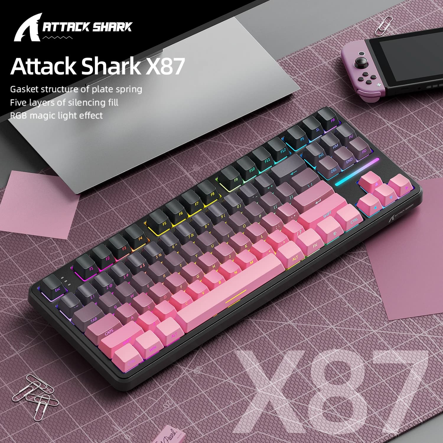 Tastiera da gioco Attack Shark X87 Macro Drive, tastiera meccanica a caratteri traslucidi incisi lateralmente Bluetooth, RGB, hot-swap