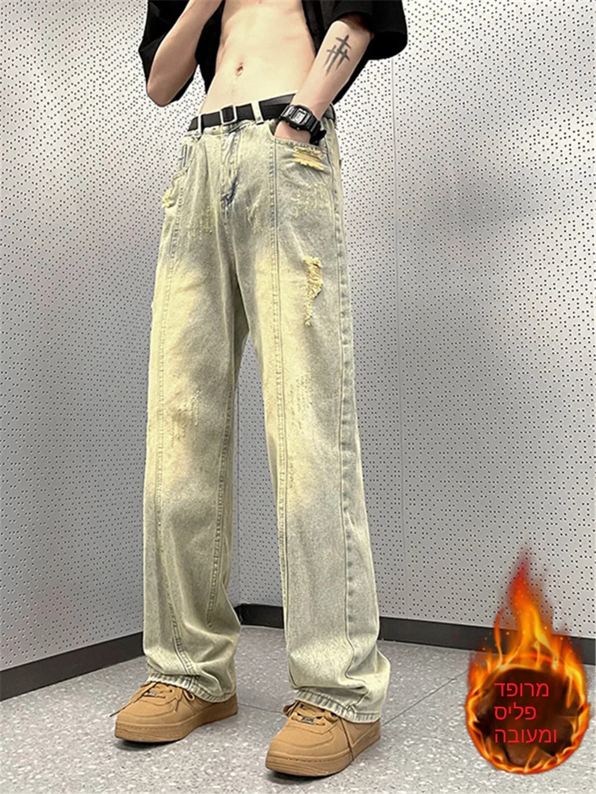 Retro Straight Leg Men's Jeans High Street Vibe Trendy Brand Ripped Wide Leg Pants Autumn Winter Fleece Lined American Style ...