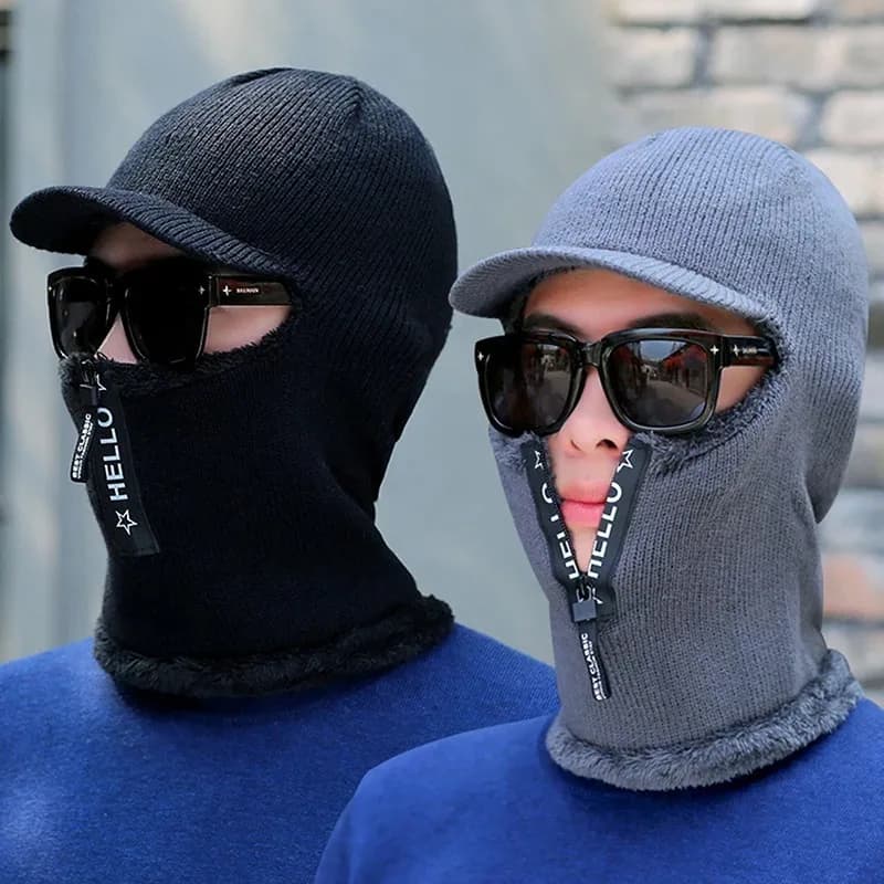 Cushioned Cozy Brim Beanie for Men Fleece-Lined Winter-Weather Crocheted Balaclava with Zipper & Ear/Neck/Face Cover