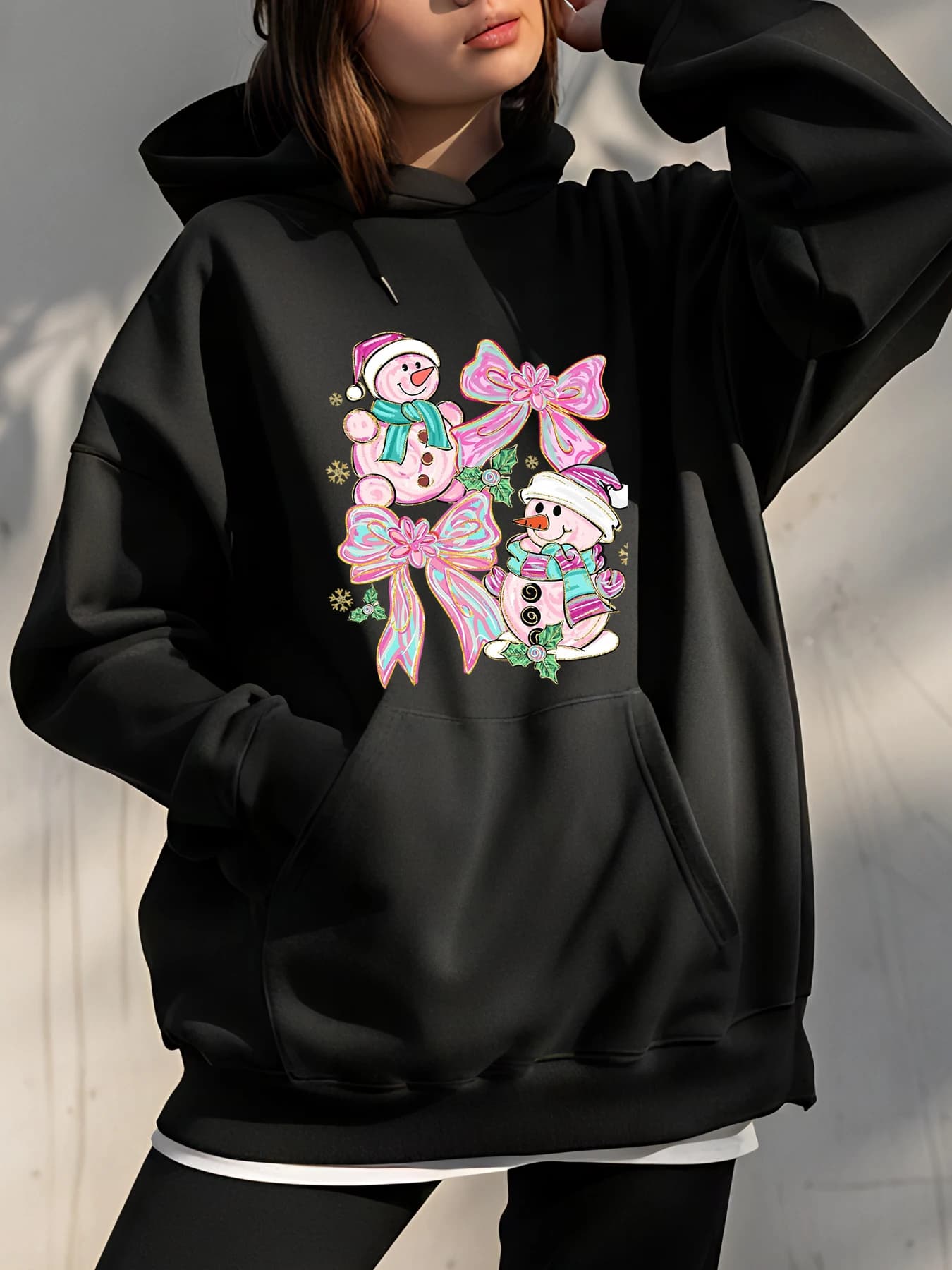 Felpa con cappuccio con stampa pupazzo di neve natalizia Felpa invernale casual da donna Completo da vacanza alla moda per ragazze e donne