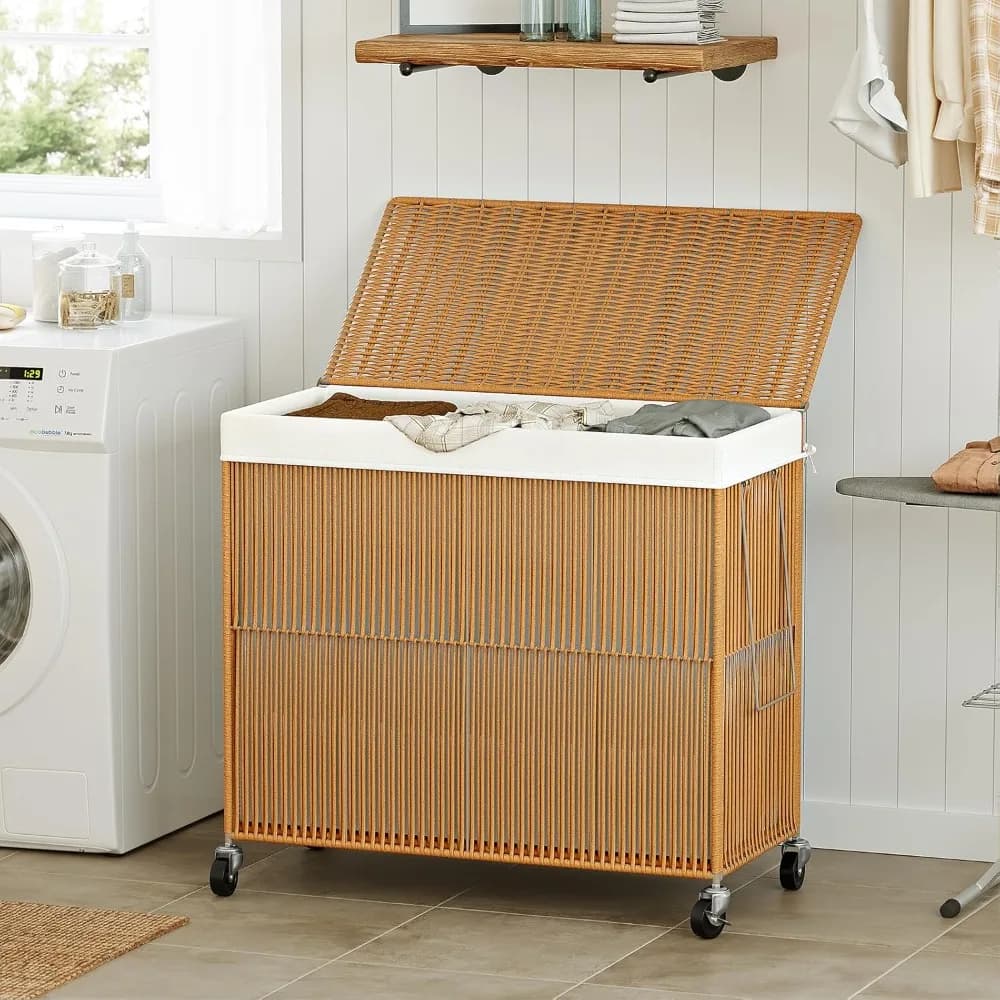 Wooden basket with wheels of 160 liters, 3 sections white basket with lid and removable bags for home organization