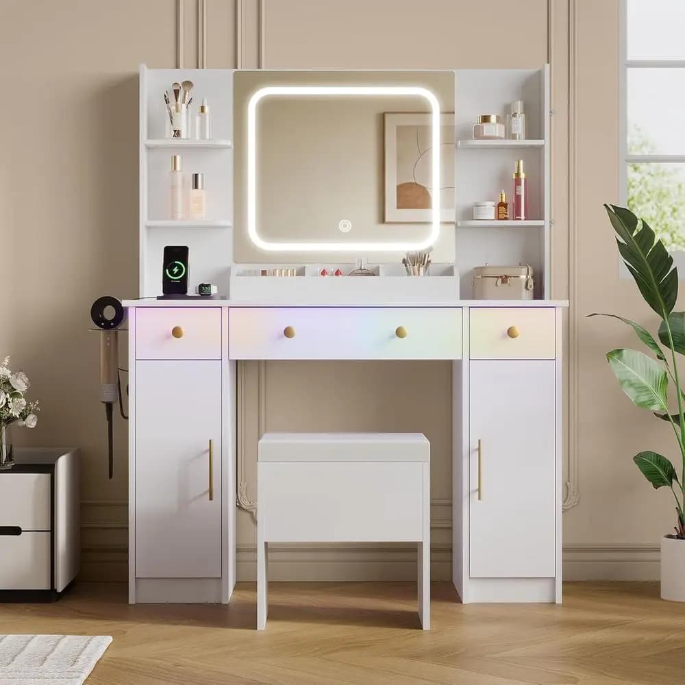 Toeletta Illuminata con Specchio LED, Ricarica e Illuminazione RGB, 3 Cassetti, Set di 2 Sedie per Camera da Letto o Bagno