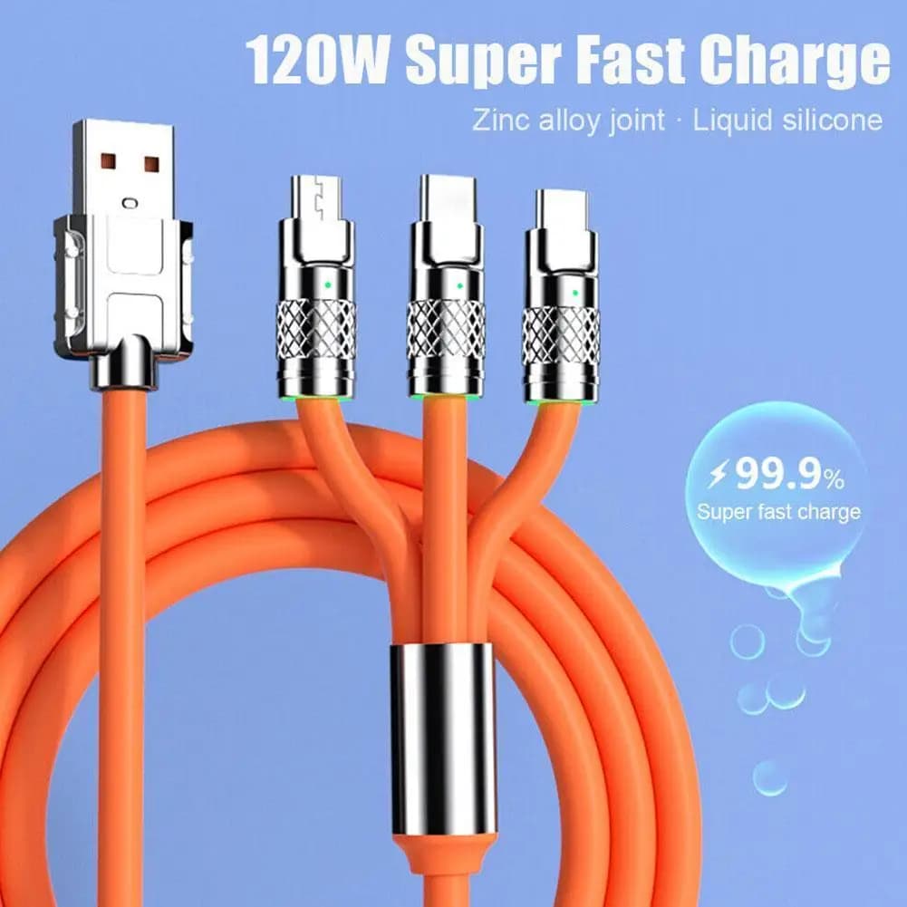 3 IN 1 Zinc Alloy Charging Cable 120W 6A Super Fast Charger For Iphone Samsung Huawei Xiaomi Multi Port Multiple Charging Wire