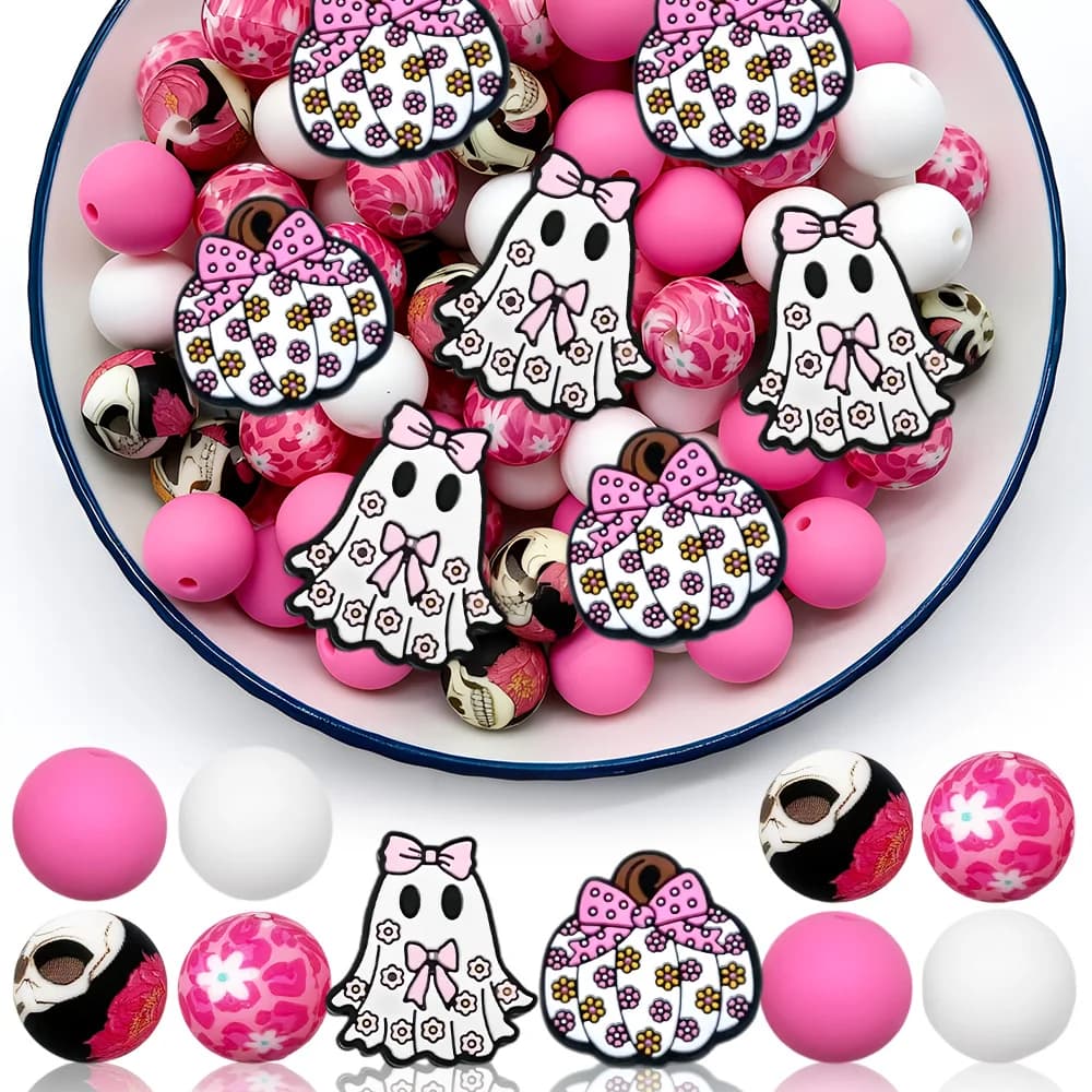 28Pcs Halloween Ghost Pumpkin Silicone Beads Set DIY Beaded Necklace Bracelet Decoration Pen Jewelry Pendant Etc. Holiday Birthday Gift