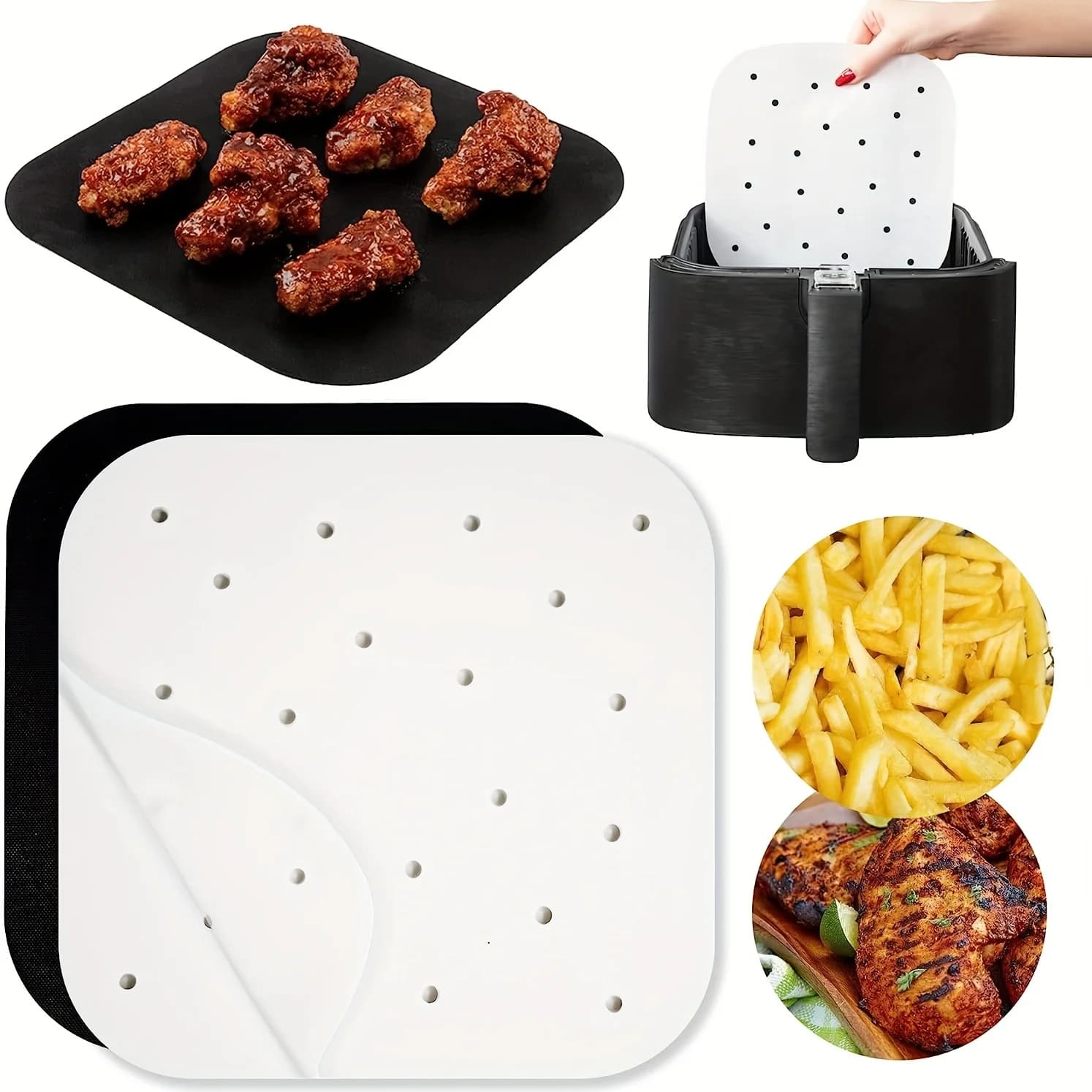 50 pcs Air Fryer Disposable Paper Slitting Board in 8.5 inch Square Non-stick parchment paper, oil-resistant, b waterproof cooking