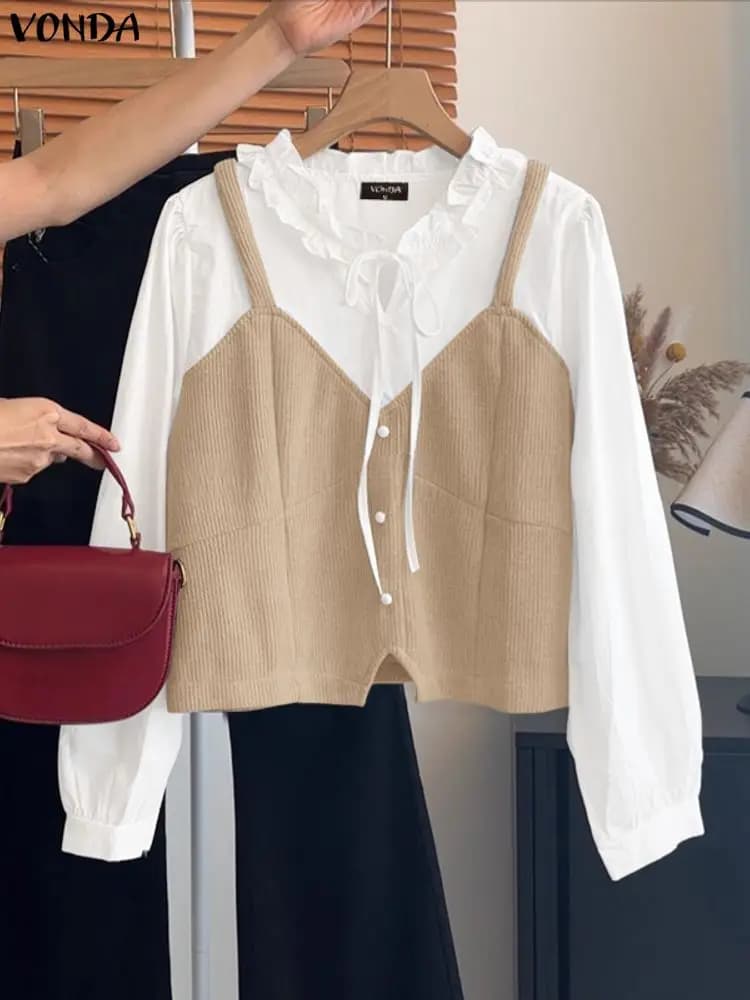 VONDA Camicetta di moda Donna Manica lunga Patchwork di colore Tunica Top Autunno Primavera Fasciatura Casual Camicie larghe Blusas Femininas