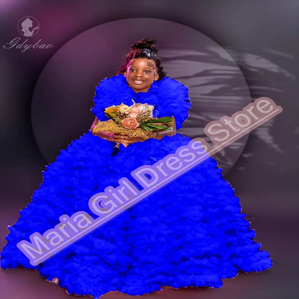 Abito da ragazza di fiore soffice blu royal di lusso con scollo a V, banchetto di compleanno, spettacolo, ballo di fine anno, prima comunione, matrimonio, principessa, abito da sera