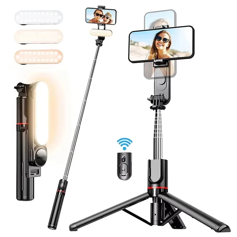 Bastone per selfie con treppiede con luce di riempimento regolabile con asta retrattile per otturatore con telecomando Bluetooth per video del telefono cellulare dal vivo