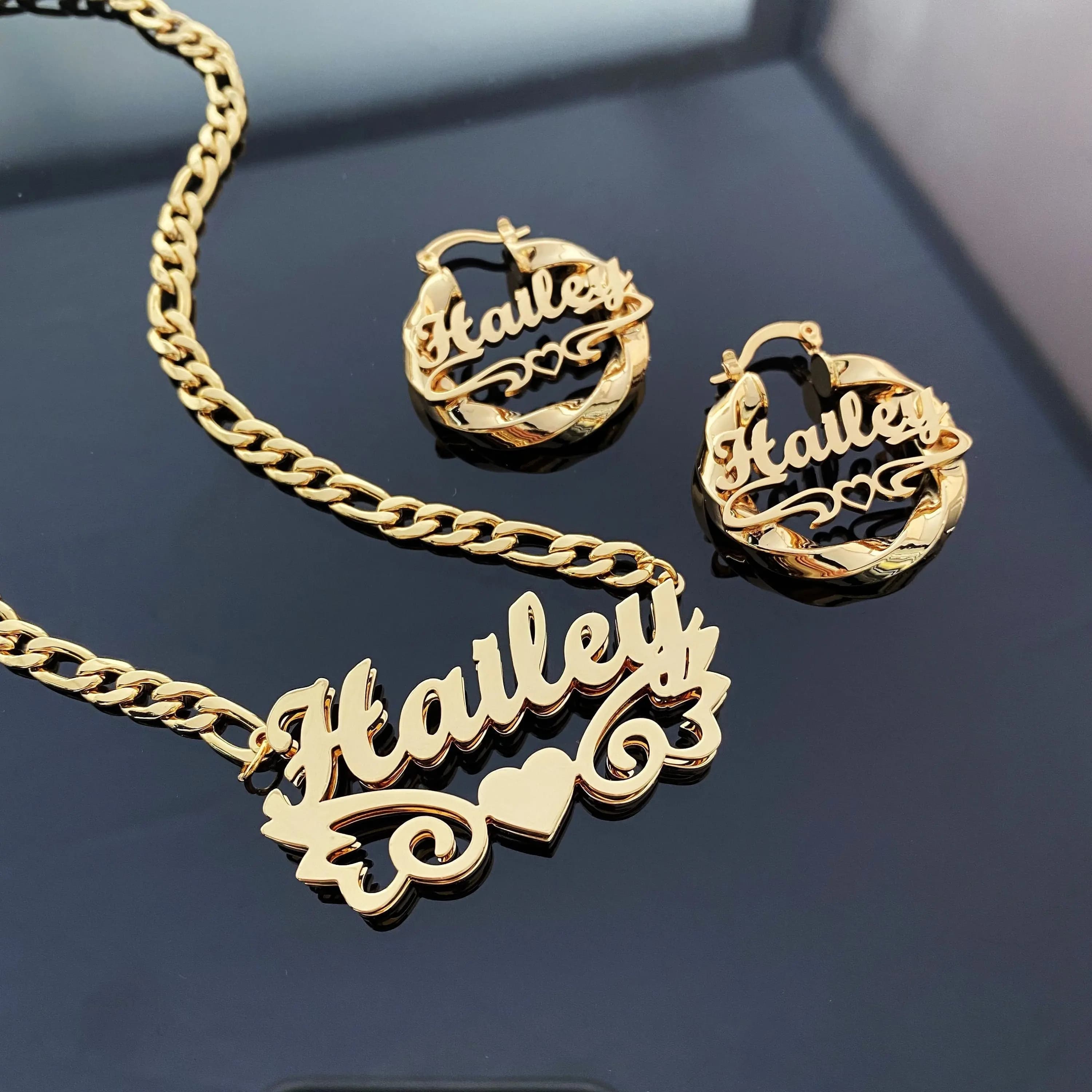 Set di orecchini e collane con nome personalizzato, targhetta placcata in oro 18 carati, design a cerchio intrecciato per gioielli di lusso per bambini e ragazze