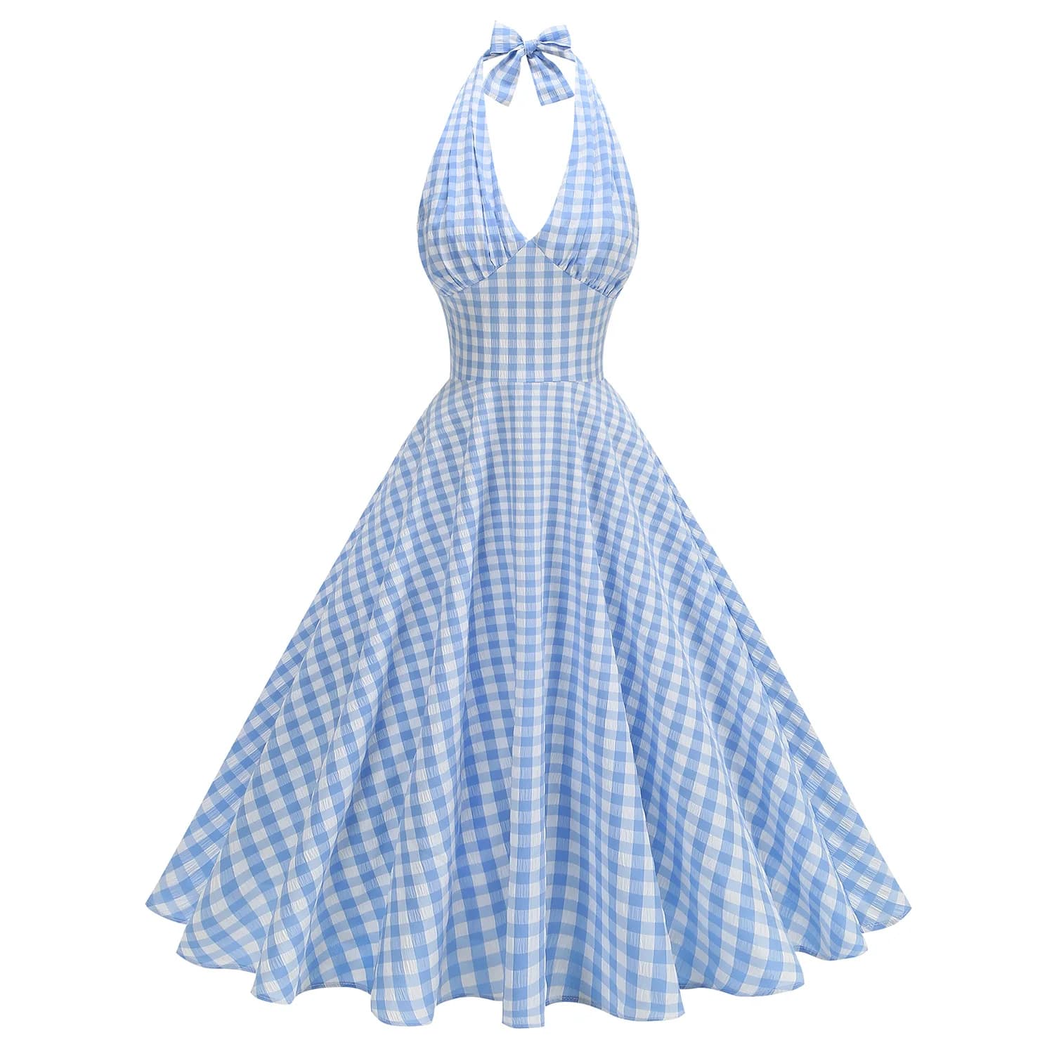 Hepburn Style anni '50 anni '60 Vintage Plaid Backless Halter Prom Party Dress Donna Estate Vita alta Rockabilly Swing A-Line Robe Dress