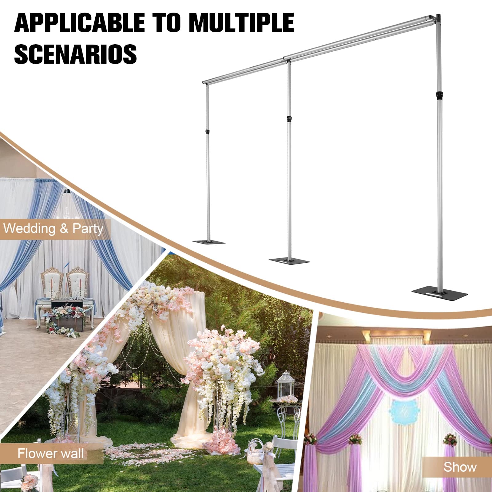 Kit Support for Dragging 118x236 Poles with Double Crossbar and Metal Base, Adjustable Height for Party, Birthdays, Weddings