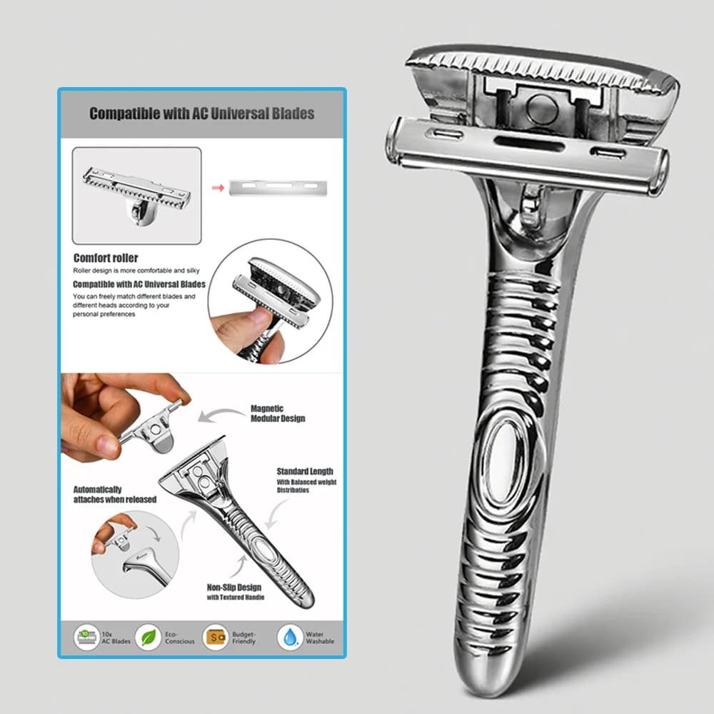 RZACLEA Rasoio Manuale da Uomo con Set di 10 Lame, Kit di Rasatura di Lusso Metallico, Rifinitore per Barba e Capelli