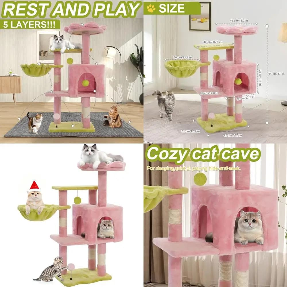Torre per Gatti da Interno Rosa con Struttura in Metallo e Amaca, 41 Grandi Alberi per Gatti Adulti, Posti per Arrampicarsi e Tirare su