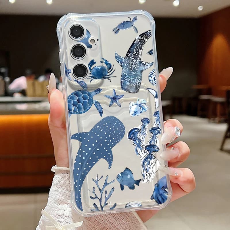 Custodia per telefono con motivo balena oceanica per Samsung Galaxy A57 A37 A17 A56 A16 A55 A36 A26 A15 A35 A54 A53 5G, trasparente con porta carte e funzione portafoglio