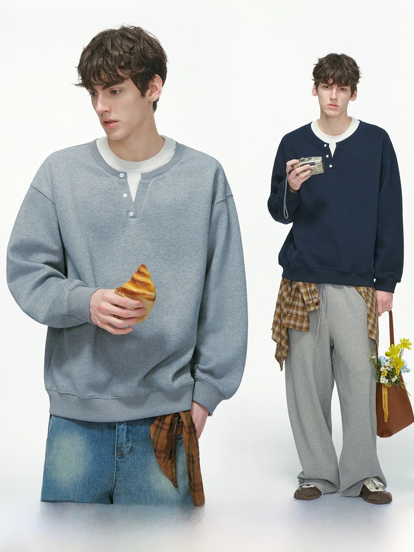 Gray American Style Faux Two-Piece Hoodie Sweatshirt for Men Spring Autumn Heavyweight No Hat Men's Top Casual Loose Fit