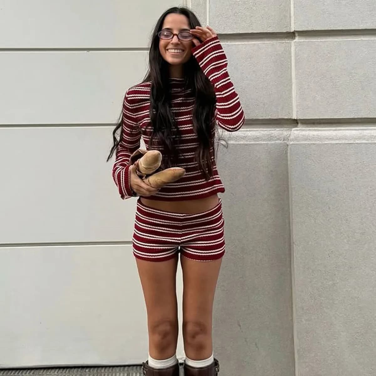 Shorts Suit Women Striped 2 Piece Sets Top Short Pants Round Collar T Shirts Outfits Streetwear Ensemble Spring Summer 2026