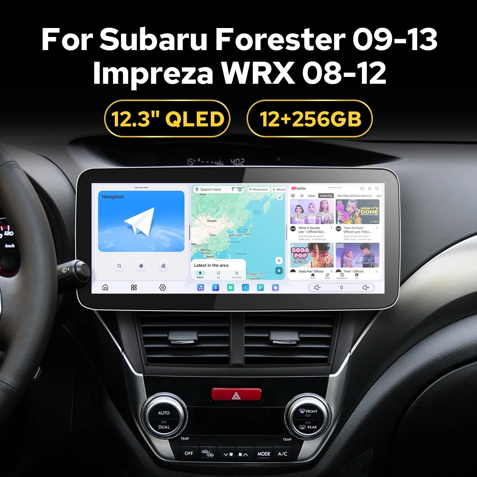 Grande stereo per auto Android da 12,3 pollici per Subaru Forester 2009-2013/Impreza WRX 2008-2012 Plug & Play 1920x720 QLED Dispaly 360 ° Ingresso telecamera