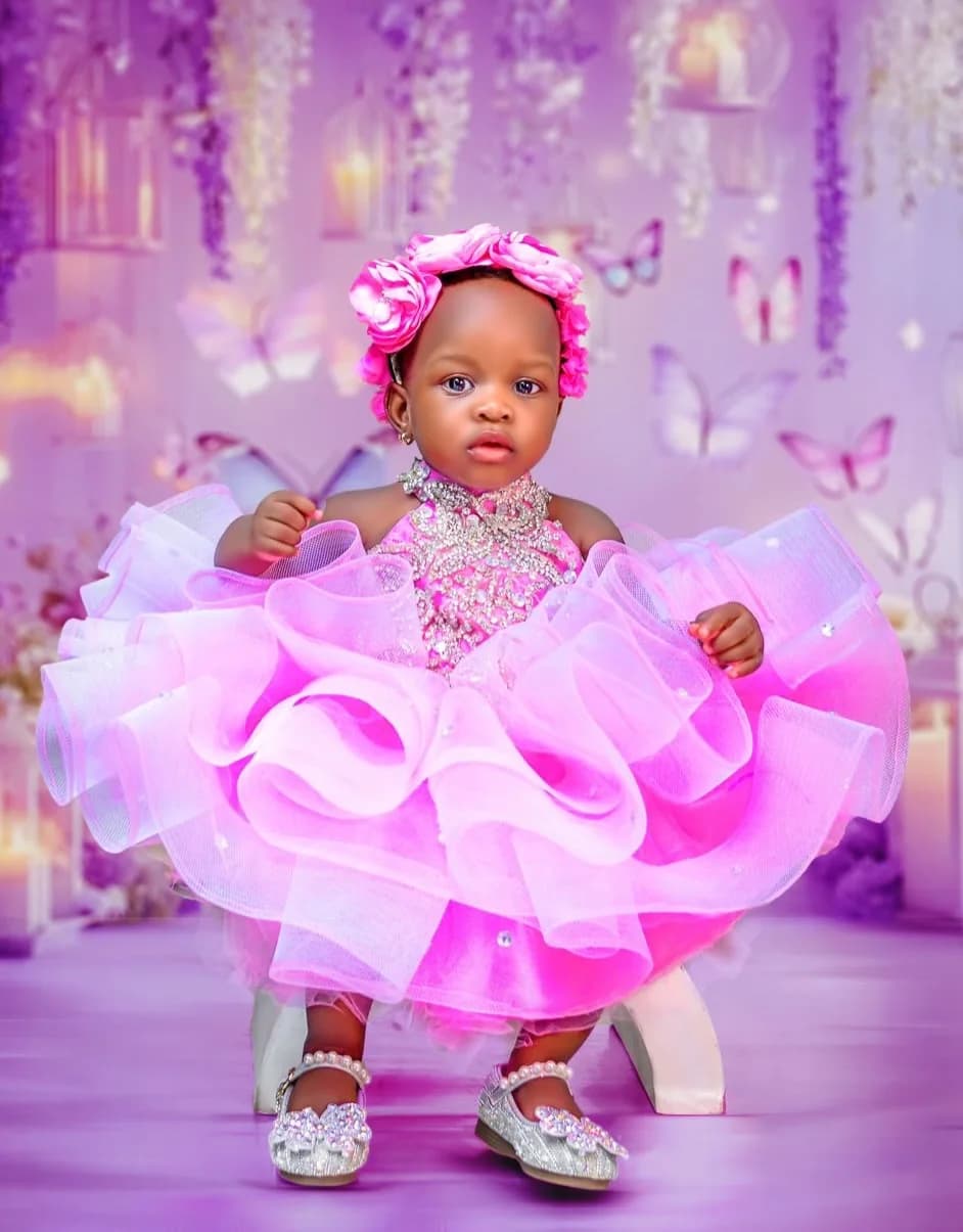 Splendido Abito da Damigella Rosa con Cristalli, Vestito da Festa di Compleanno per Bambine, Collo Alto Senza Maniche per Matrimoni, Balli di Gala, Personalizzabile