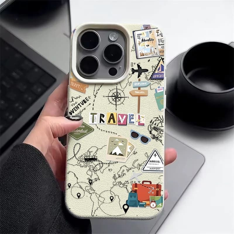 Phone Case with travel map pattern for iPhone 17e 16e 17 16 15 14 Pro Max 13 12 Pro Air 11, in TPU soft leather effect