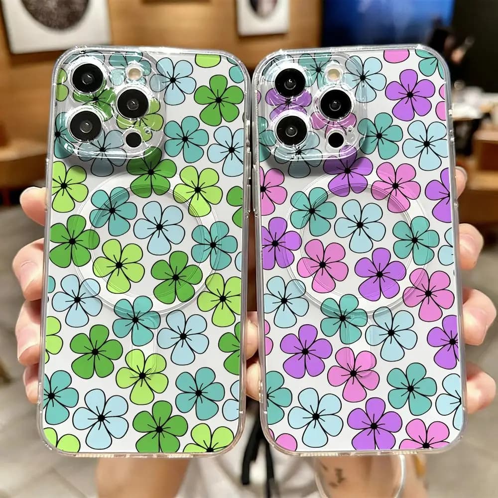 Custodia per iPhone con Fiori Selvatici per Ragazze, Compatibile con iPhone 17 16 15 14 13 12 Pro Max Plus, Magnetica, Trasparente Cristallo, Ricarica Wireless