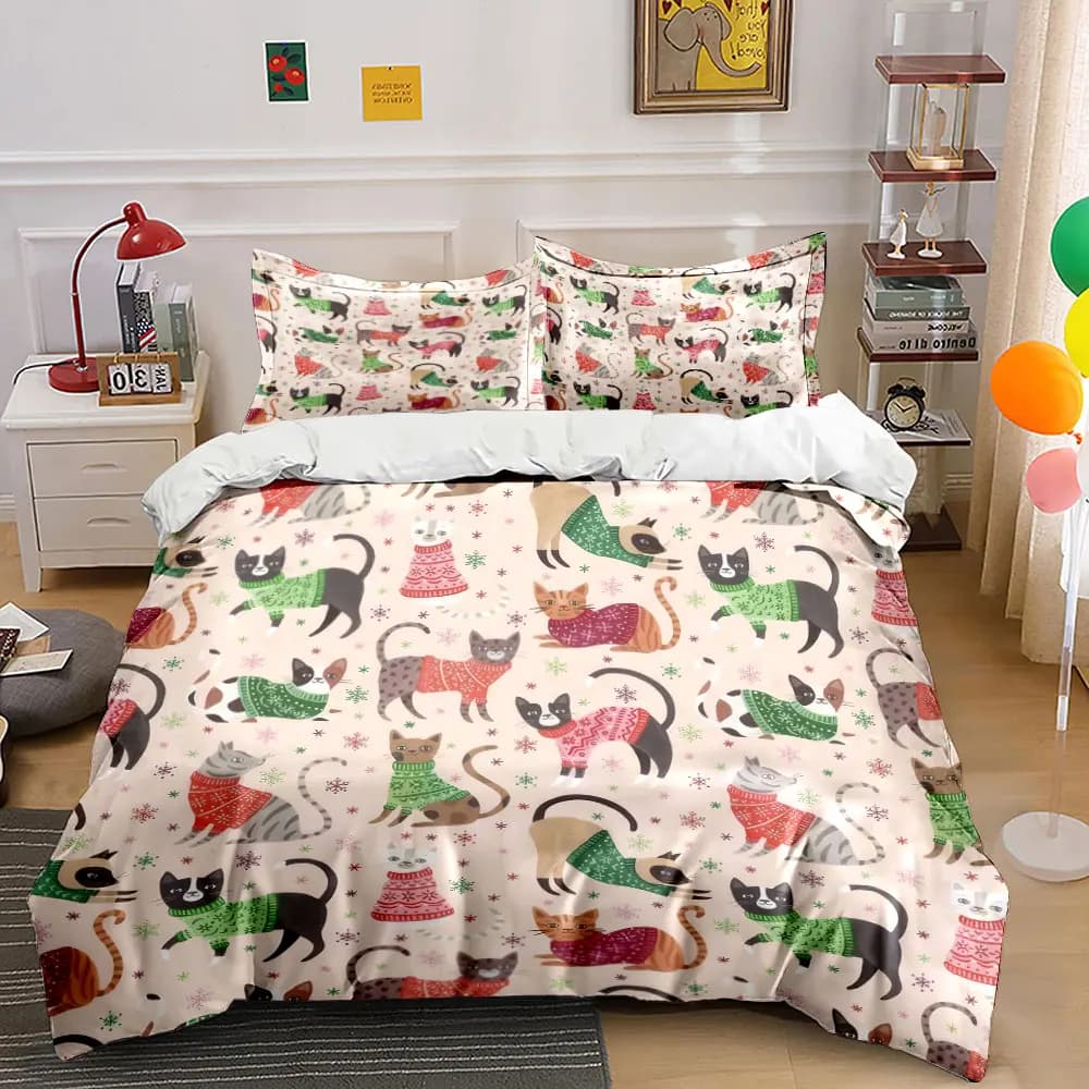 Set di biancheria da letto con motivo gatti natalizi, con 1 copripiumino e 2 federe, singolo, matrimoniale, king, queen, regalo