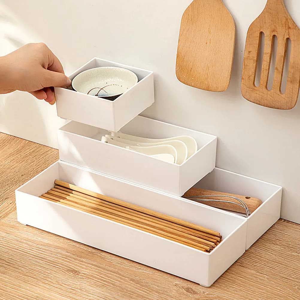 6Pcs Plastic Kitchen Drawer Organizer Set Multi-Compartment Cutlery Spice Utensil Chopsticks Storage Box Stackable PP Tableware