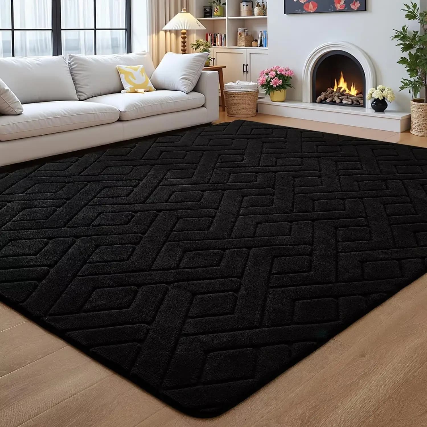 Black Washing Mat 5x7, Modern Geometric Mat Soft for Bedroom, Living Room and Children